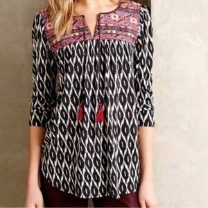 One September Palambo Tassel Ikat Print Mixed Media Blouse Anthropologie
